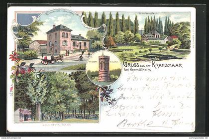 Lithographie Hürth-Knapsack, Restaurant z. Kranzmaar, Schützenplatz, Wasserturm
