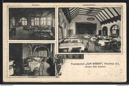 AK Kirschau /O.-L., Hotel Zum Weber, Innenansichten Gaststube, Gesellschaftssaal und Weinzimmer