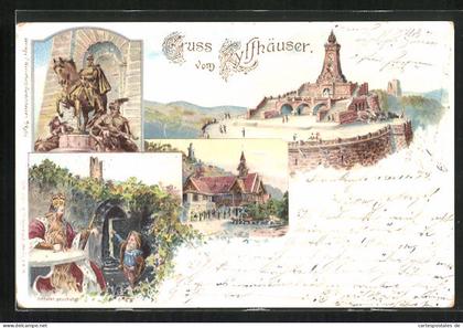 Lithographie Kyffhäuser, Gasthaus, Kyffhäuser-Denkmal, Reiterstandbild