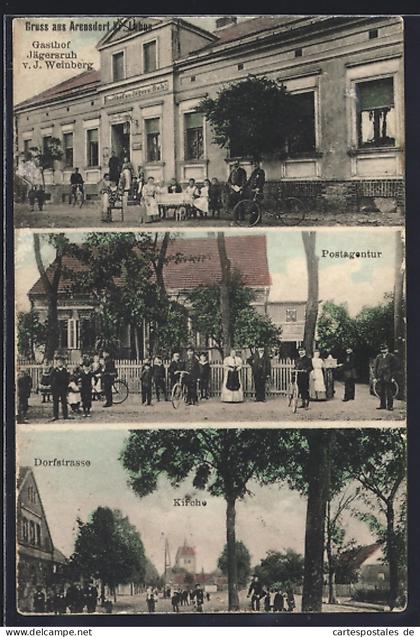 AK Arensdorf /Lebus, Gasthof Jägersruh v. J. Weinberg, Postagentur, Dirfstrasse mit Kirche