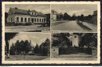 AK Arensdorf /Lebus, Gasthof Jägersruh von Otto Weinberg, Kastanienhof, Kriegerdenkmal, Dorfstrasse mit Kirche