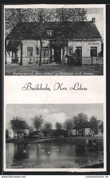 AK Buchholz /Lebus, Gastwirtschaft Drei Linden u. Kolonialwaren v. E. Kuntze