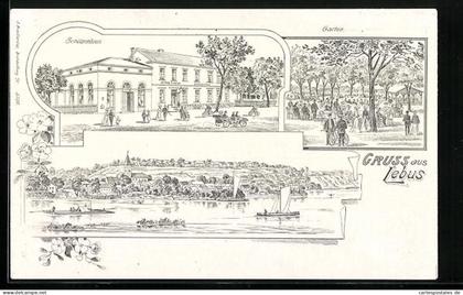 Lithographie Lebus, Gasthof Schützenhaus von Wilhelm Fröhlich, Flusspartie mit Blick auf den Ort