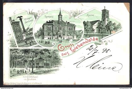 Lithographie Liebenwalde, Schützenhaus im Haidchen, Strassenpartie am Rathaus