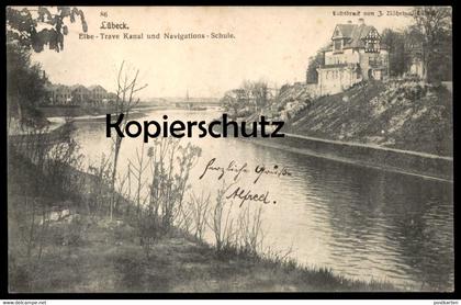 ALTE POSTKARTE LÜBECK ELBE-TRAVE-KANAL & NAVIGATIONS-SCHULE 1907 AK Ansichtskarte postcard cpa Elb-Trave-Kanal