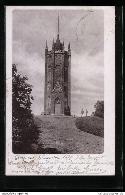 AK Hessenstein / Lütjenburg, Blick auf Turm mit Besuchern