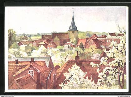 Künstler-AK Lütjenburg, Ortsansicht im Frühling