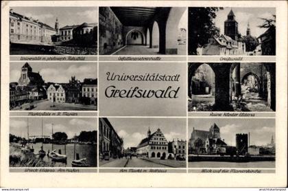 CPA Hansestadt Greifswald, Universität, Ruine Kloster Eldena, Marktplatz mit St. Marien, Rathaus