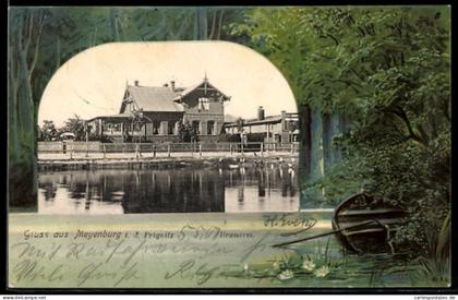 Lithographie Meyenburg i. d. Prignitz, Ansicht der Brauerei, Passepartout mit Ruderboot