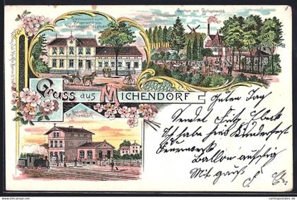 Lithographie Michendorf, Restaurant zum Birkenwald v. Herrmann Weber mit Gartenwirtschaft, Bahnhof