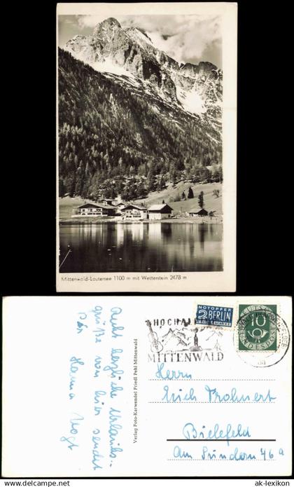 Ansichtskarte Mittenwald Mittenwald-Lautersee mit Wetterstein 1955
