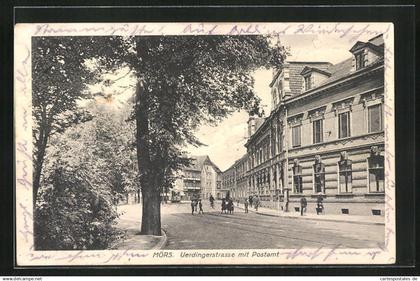 AK Mörs, Uerdingerstrasse mit Postamt und Strassenbahn