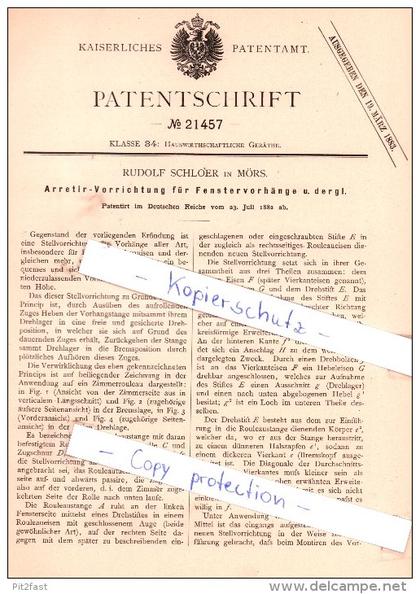 Original Patent - Rudolf Schloer in Mörs , 1882 ,  Arretir-Vorrichtung für Fenstervorhänge !!!