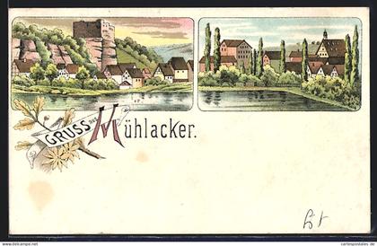 Lithographie Mühlacker, Teilansicht mit Runie, Ortspartie