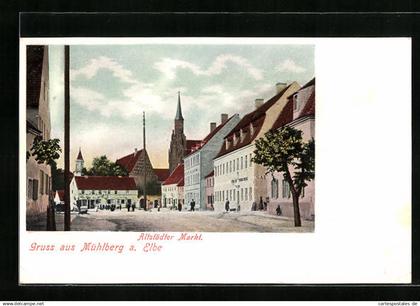AK Mühlberg a. Elbe, Altstädter Markt mit Gasthaus und Kirche