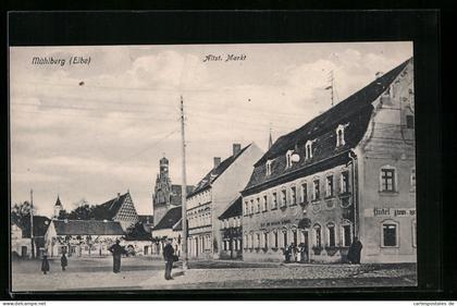 AK Mühlberg /Elbe, Altst. Markt mit Hotel zum weissen Schwan