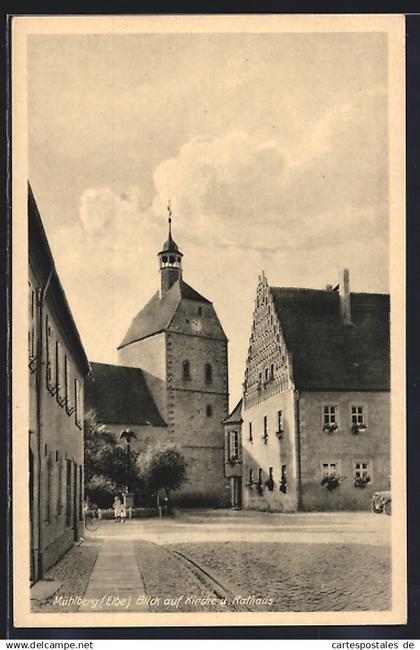 AK Mühlberg /Elbe, Blick auf Kirche und Rathaus