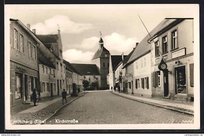 AK Mühlberg /Elbe, Kirchstrasse mit Geschäft Otto Schade