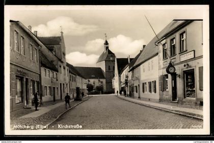 AK Mühlberg /Elbe, Kirchstrasse mit Geschäft Otto Schade