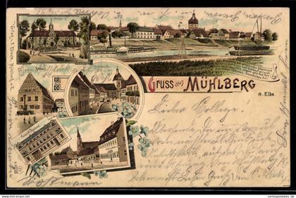 Lithographie Mühlberg a. Elbe, Schloss, Kaiserliches Postamt, Rathaus