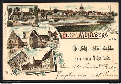 Lithographie Mühlberg, Kirchstrasse, Alter Markt, Rathaus, Schloss