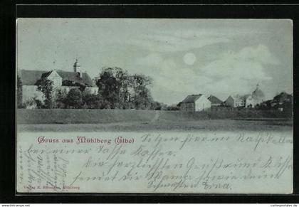Mondschein-AK Mühlberg /Elbe, Panorama des Ortes