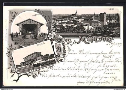 Lithographie Mühldorf, Teilansicht, Bahnhof, Maximilian-Brücke