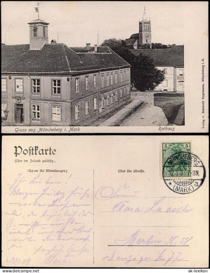 Ansichtskarte Müncheberg Partie am Rathaus im Hintergrund Gasthaus 1907