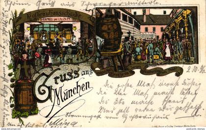München, Hofbräuhaus, Bier, Farb-Litho, frühe Karte, 1896