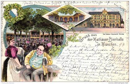 München, Mathäser Bierhalle, Farb-Litho, 1897 von München nach Düsseldorf versandt