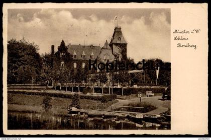 ALTE POSTKARTE MÜNSTER SCHLOSS BONIBURG ST. MAURITZ 1938 BRIEFMARKE SCHIFF WILHELM GUSTLOFF WHW postcard Ansichtskarte