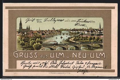 Lithographie Neu-Ulm, Teilansicht mit Kirche