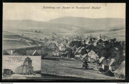 AK Neudorf /Sa., Ortsansicht mit Fichtelberg, Unterkunftshaus auf dem Fichtelberg