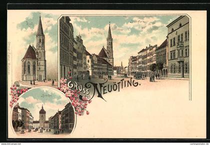 Lithographie Neuötting, Ortsansicht mit Stadtplatz und Kirche
