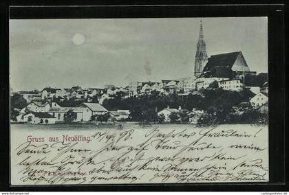 Mondschein-AK Neuötting, Teilansicht mit Kirche