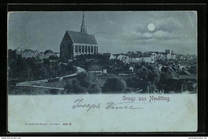 Mondschein-AK Neuötting, Totale mit Kirche
