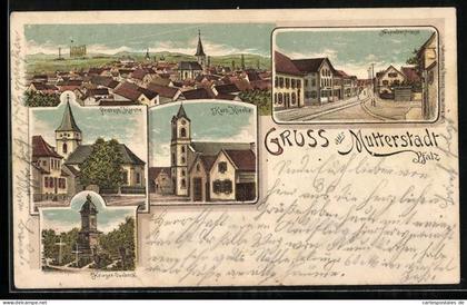 Lithographie Mutterstadt /Pfalz, Neustadterstrasse, Protest. Kirche, Kath. Kirche und Kriegerdenkmal