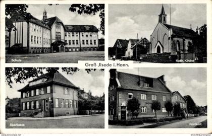 CPA Groß Ilsede in Niedersachsen, Kath. Kirche, Rathaus, Sparkasse, Postamt
