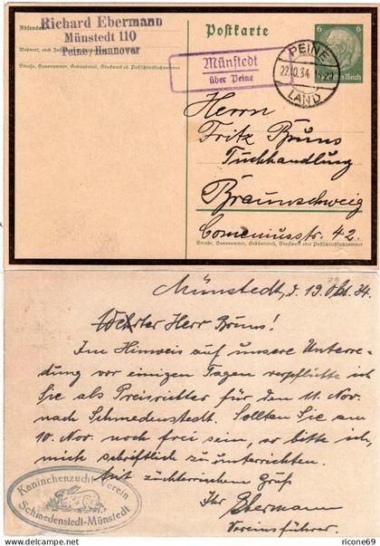 DR 1934, Landpost Stpl. MÜNSTEDT über Peine auf 6 Pf. Ganzsache.