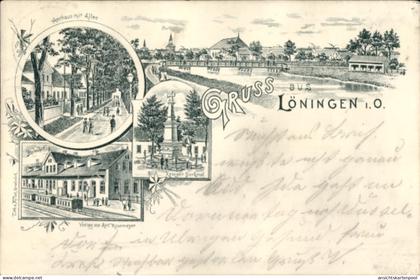 Lithographie Löningen Oldenburger Münsterland, Bahnhof, Kriegerdenkmal, Amthaus, Allee