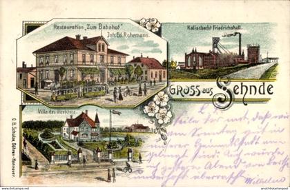 Lithographie Sehnde in Niedersachsen, Restauration Zum Bahnhof, Kalischacht Friedrichshall, Villa