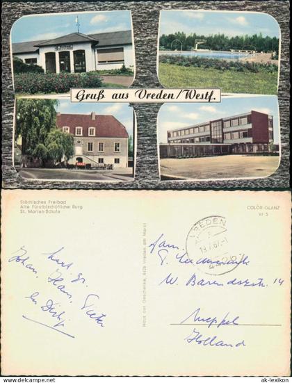 Ansichtskarte Vreden MB 4 Fotos mit Schule, Freibad, Burg 1967