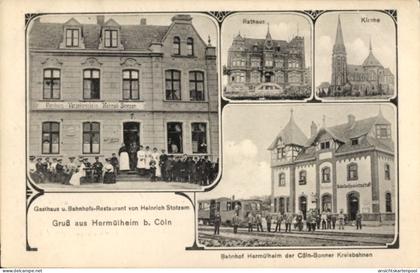 CPA Hermülheim Hürth, Gasthaus, Bahnhofsrestaurant Heinrich Stotzem, Bahnhof, Rathaus, Kirche