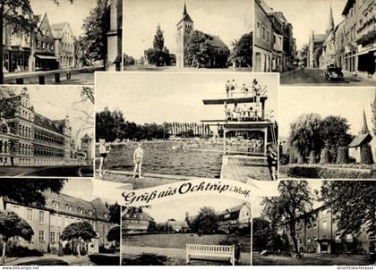 CPA Ochtrup im Münsterland, Straßenpartie, Kirche, Freibad, Gebäude