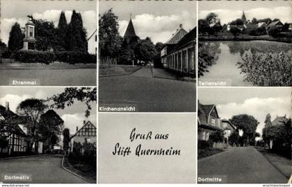 CPA Stift Quernheim Kirchlengern Ostwestfalen, Ehrenmal, Dorfmotiv, Kirche, Dorfmitte