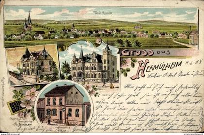 Lithographie Hermülheim Hürth im Rhein Erft Kreis, Gesamtansicht, Rathaus, Bahnhof