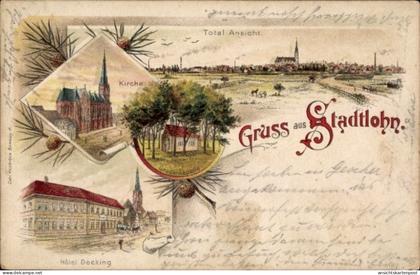 Lithographie Stadtlohn im Münsterland, Hotel Decking, Kirche, Gnadenkapelle