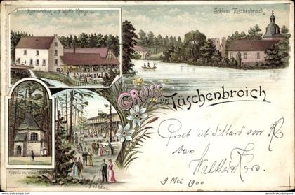 Lithographie Tüschenbroich Wegberg, Restauration und Mühle Königs, Schloss, Kapelle