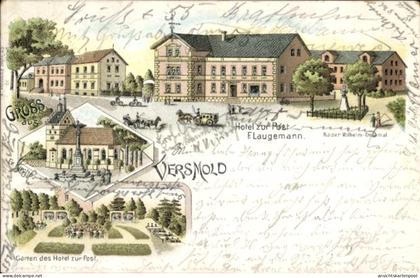Lithographie Versmold in Westfalen, Hotel zur Post, Garten, Kaiser Wilhelm Denkmal, Kirche