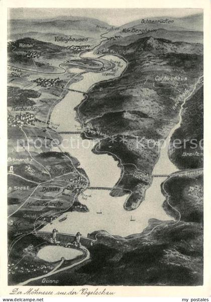 Moehnesee Panoramakarte mit Moehnetalsperre